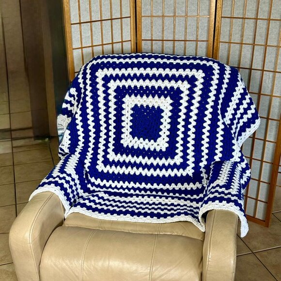 Handmade Crochet Blue White Throw Blanket - Picture 1 of 9